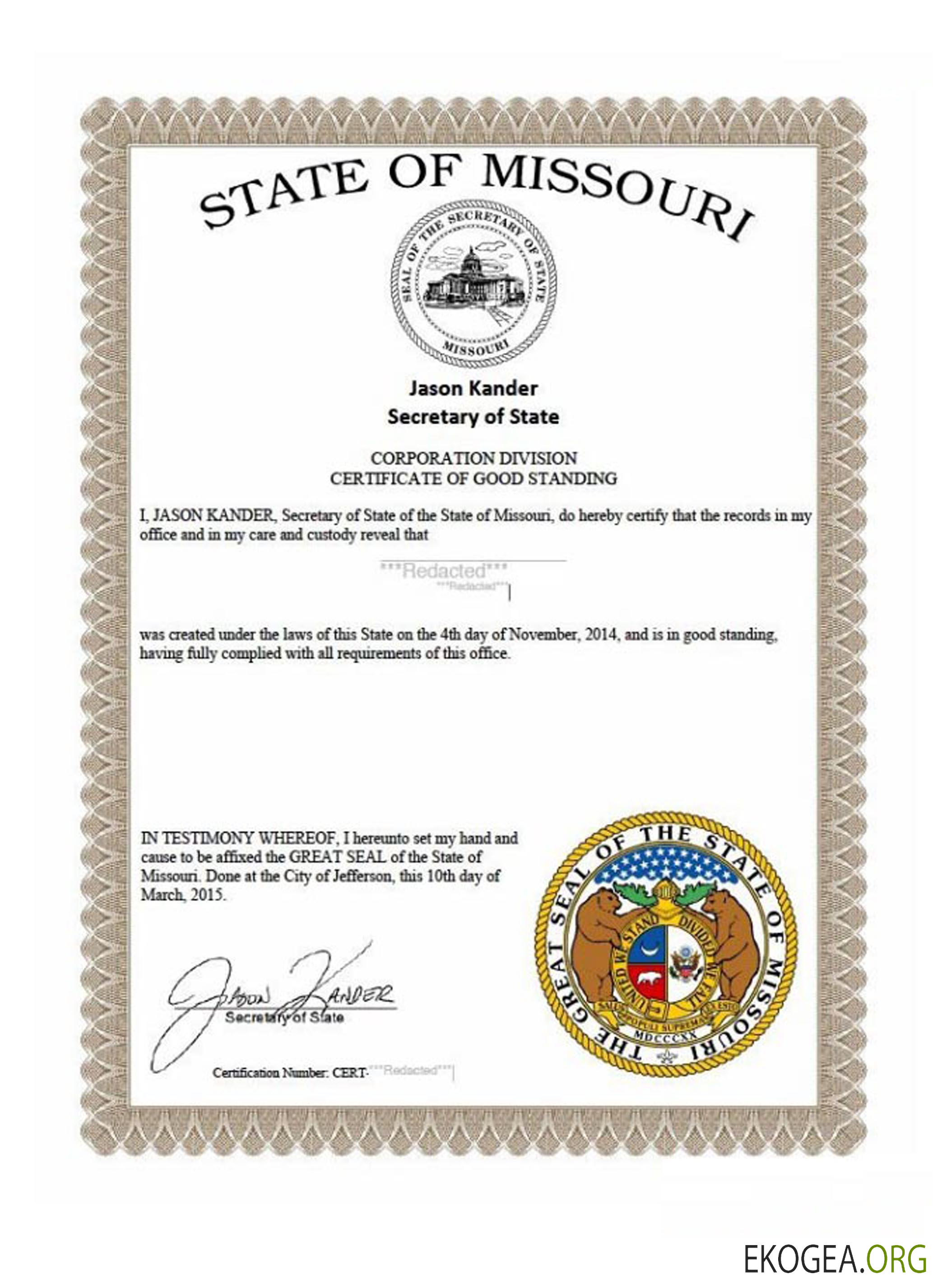 Certificat de bonne réputation du Missouri aux États Unis